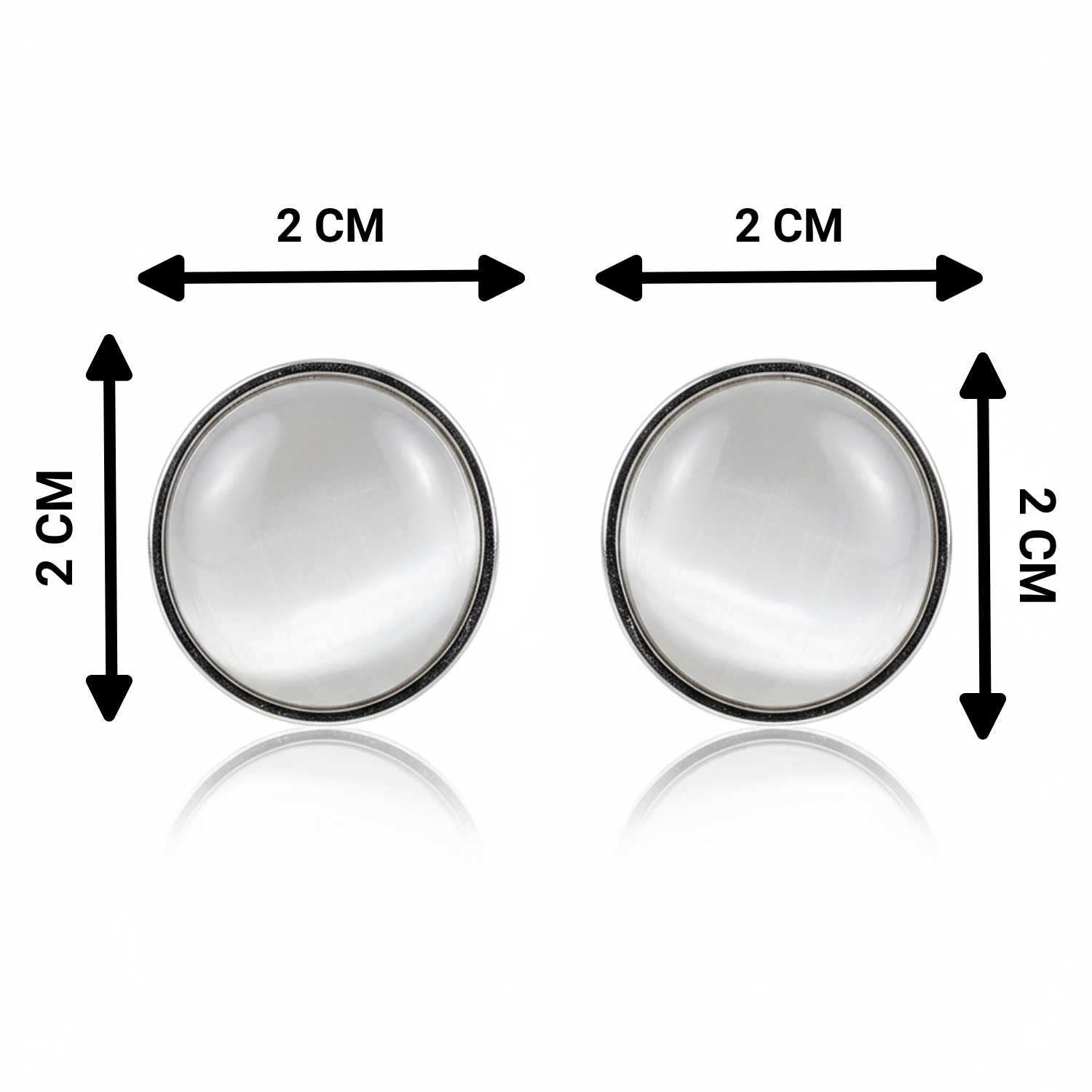 Pair of round earrings with dimensions indicated on a white background