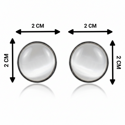 Pair of round earrings with dimensions indicated on a white background