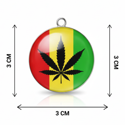 Pendant with cannabis leaf design on a Rastafarian flag background, shown with dimensions.