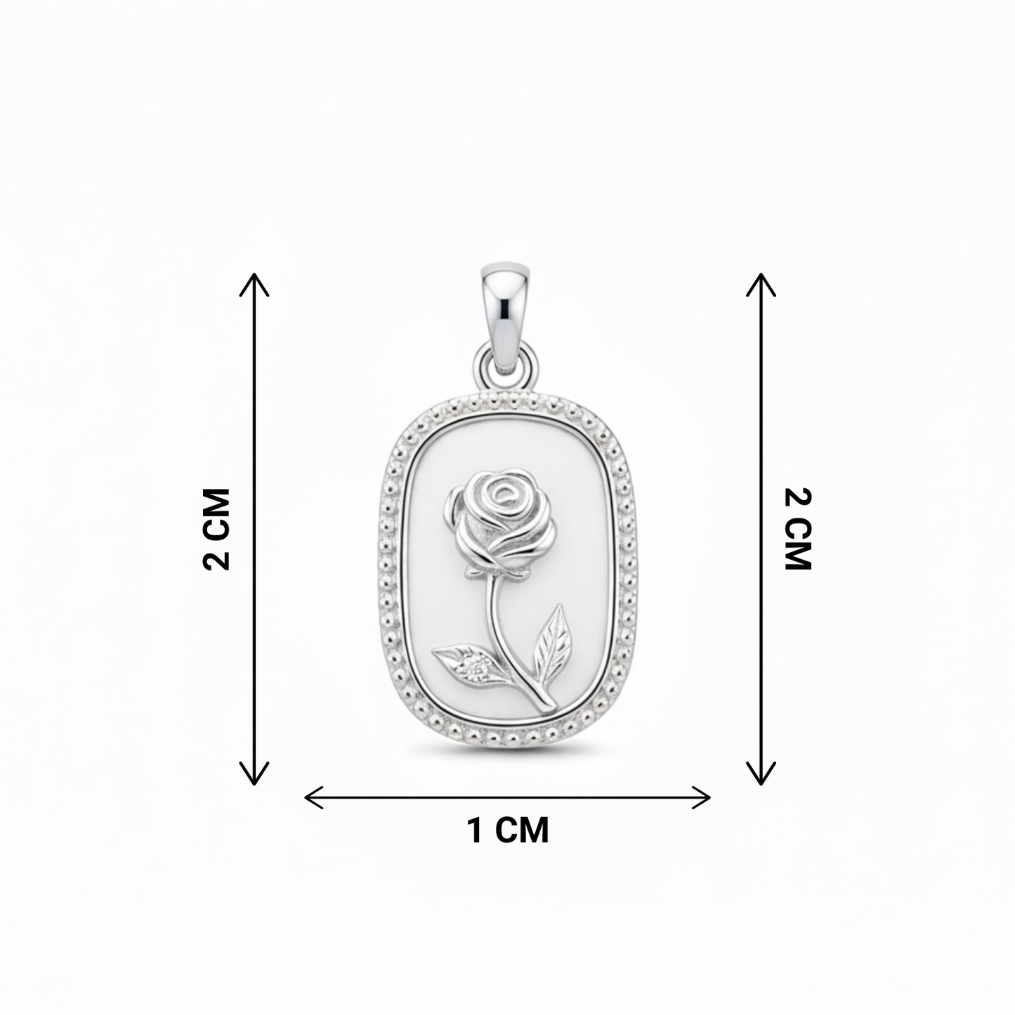Silver rose pendant on a white background with measurements