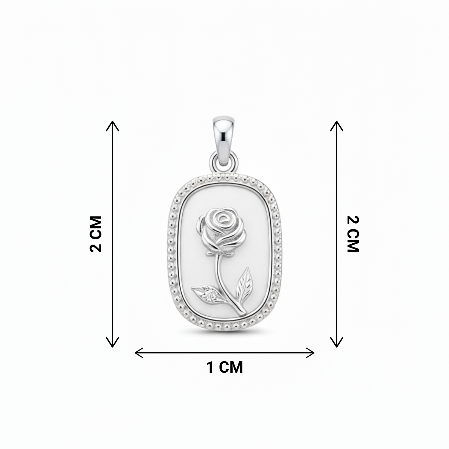 Silver rose pendant on a white background with measurements