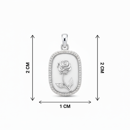 Silver rose pendant on a white background with measurements