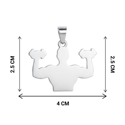 Silver pendant shaped like a flexing arm with measurements on a white background