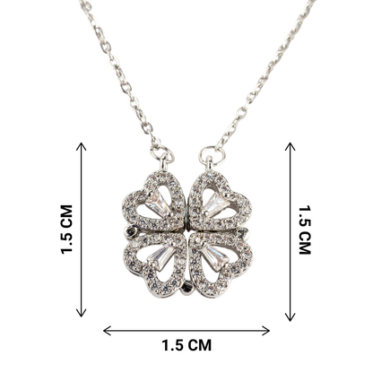 Heart-shaped pendant necklace with measurements on a white background