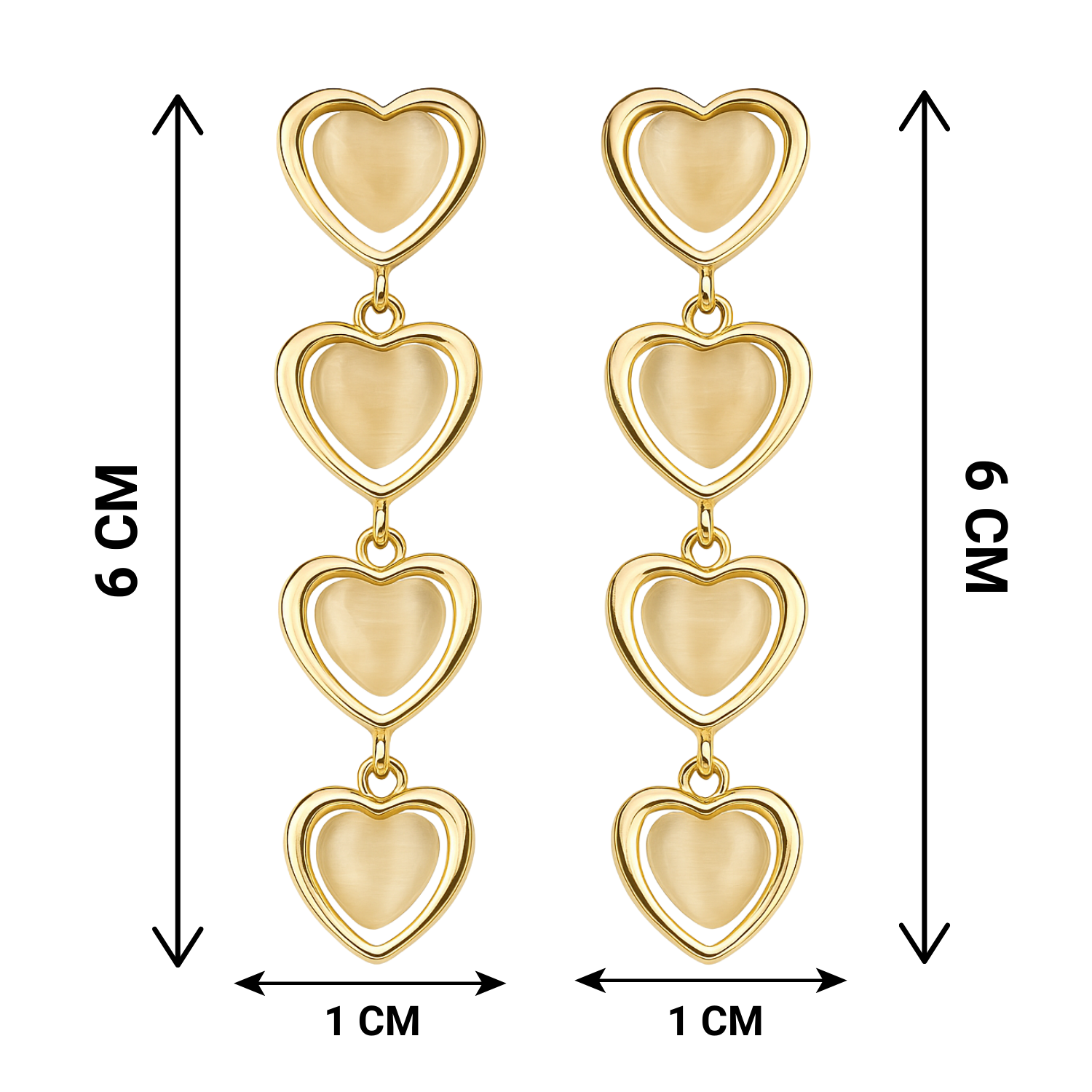 Gold heart-shaped earrings with measurements on a white background