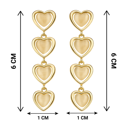 Gold heart-shaped earrings with measurements on a white background