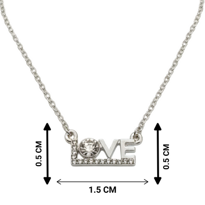 Silver necklace with 'LOVE' pendant and measurements on a white background