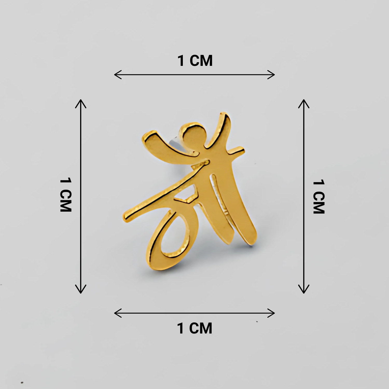 Gold character with dimensions indicated on a gray background
