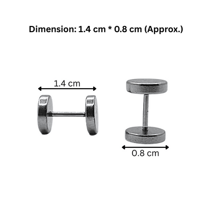 Pair of silver stud earrings with dimensions indicated on a white background