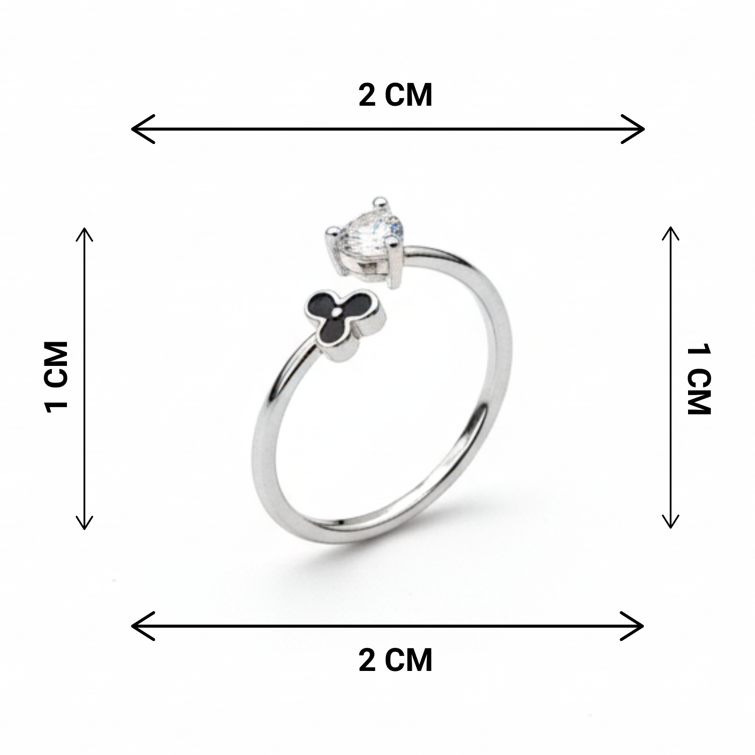 Silver ring with a heart-shaped gemstone and clover leaf design, shown with dimensions on a white background.