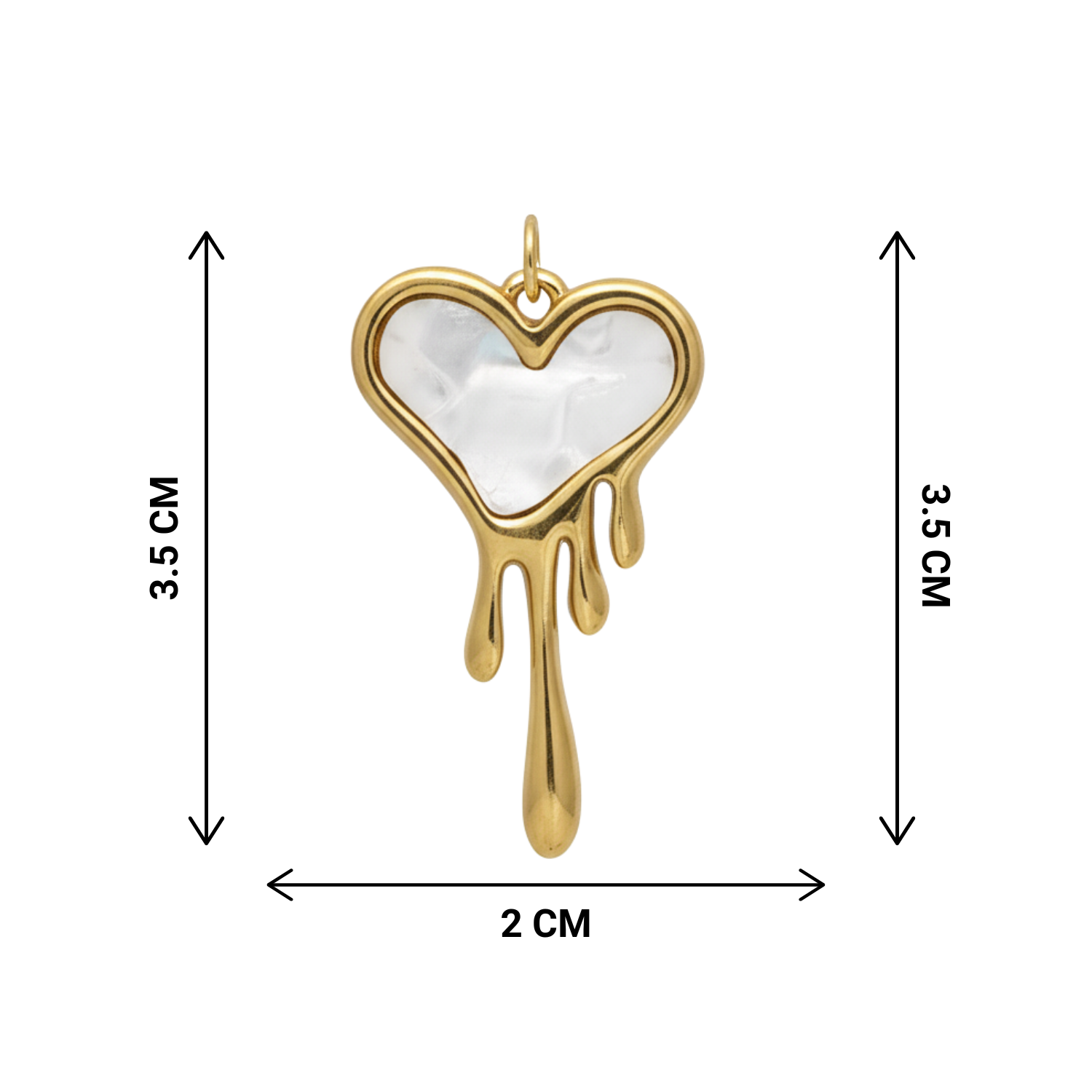 Heart-shaped pendant with gold drip design and measurements on a white background