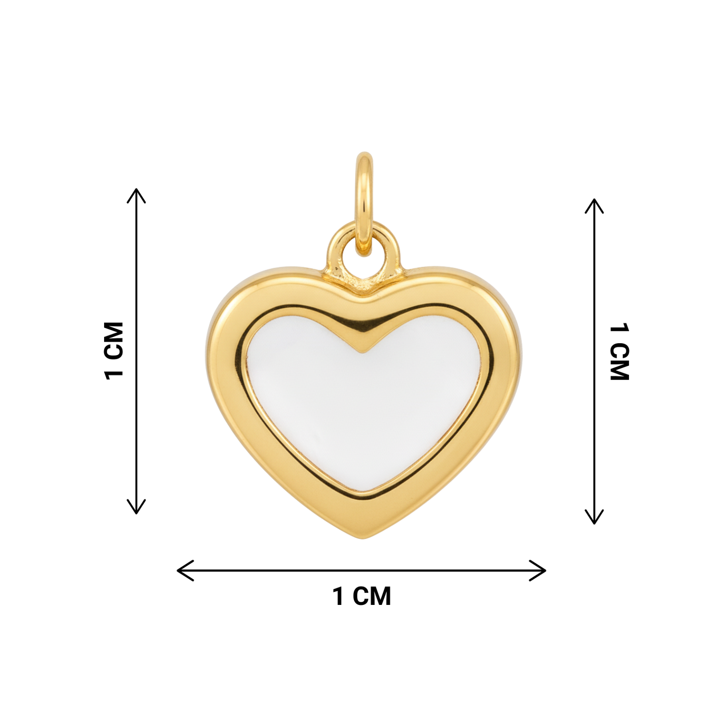 Gold heart-shaped pendant with white center, shown with dimensions on a white background