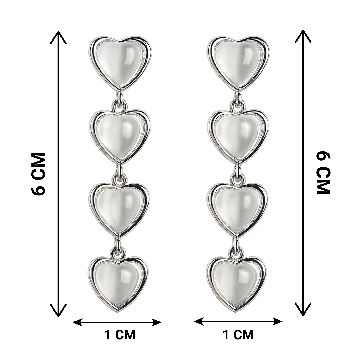 Heart-shaped earrings with measurements on a white background