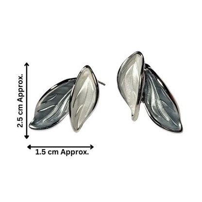 Pair of silver leaf-shaped earrings with measurements on a white background