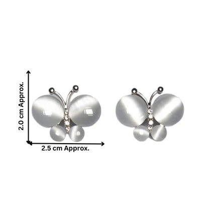 Butterfly-shaped earrings with measurement details on a white background