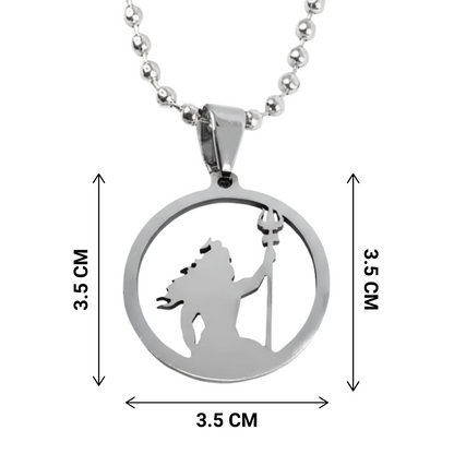Silver pendant necklace with dimensions on a white background