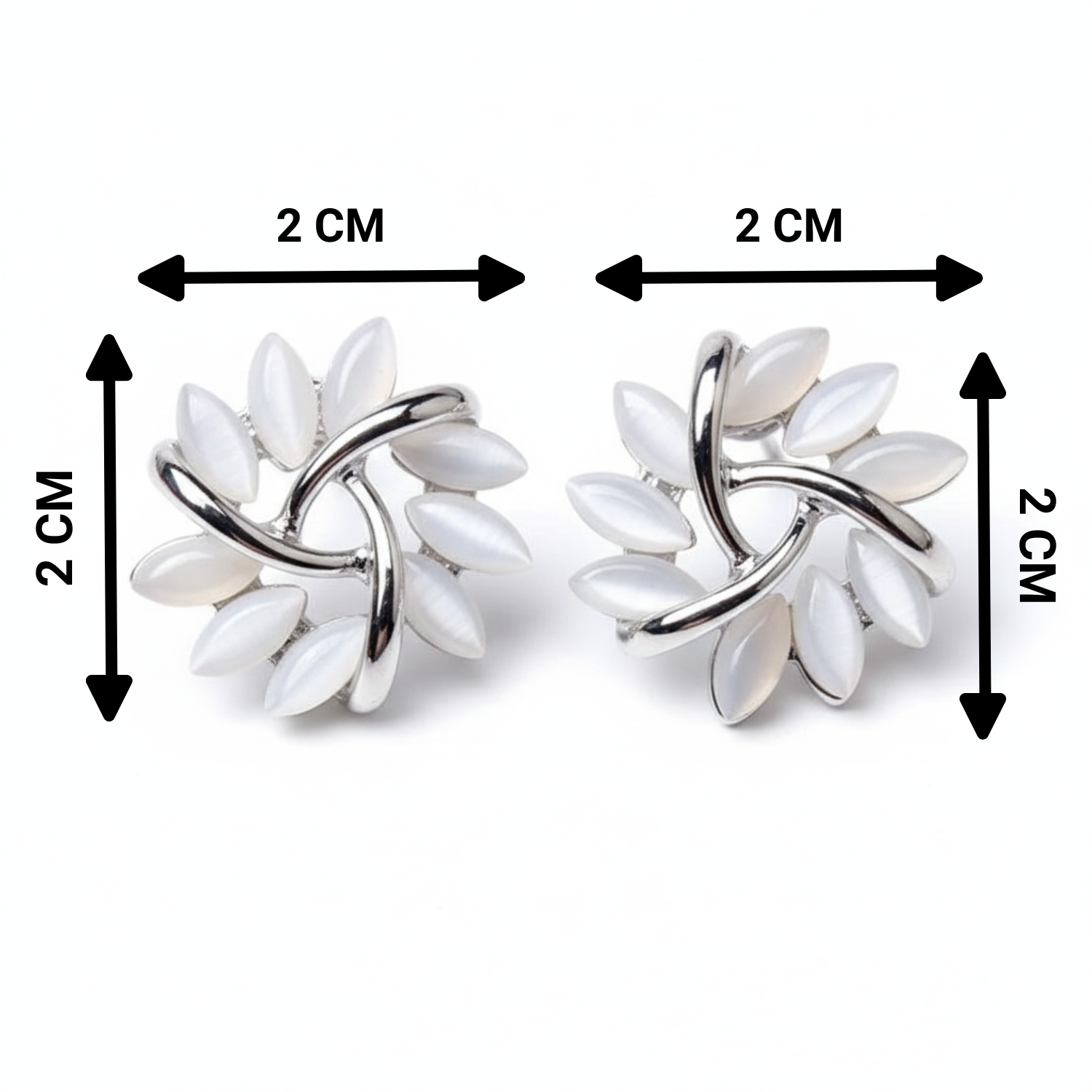 Pair of silver earrings with white stones, shown with measurements on a white background