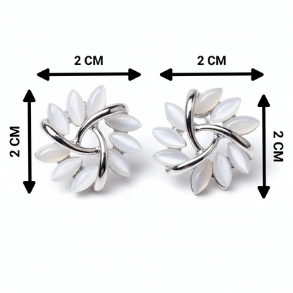 Pair of silver earrings with white stones, shown with measurements on a white background