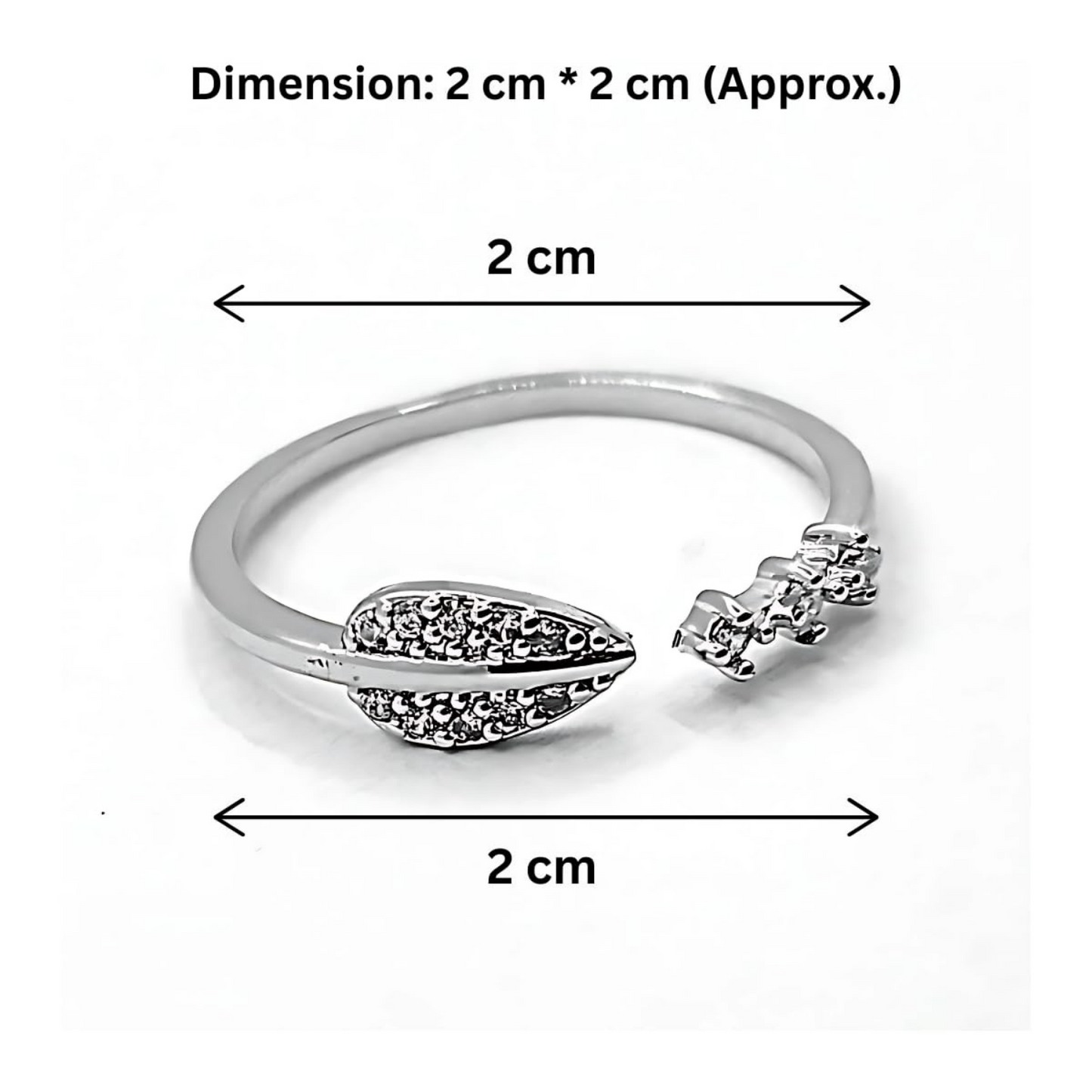 Silver ring with leaf designs and measurements on a white background