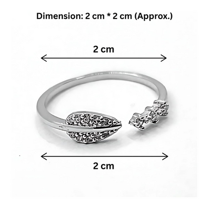 Silver ring with leaf designs and measurements on a white background