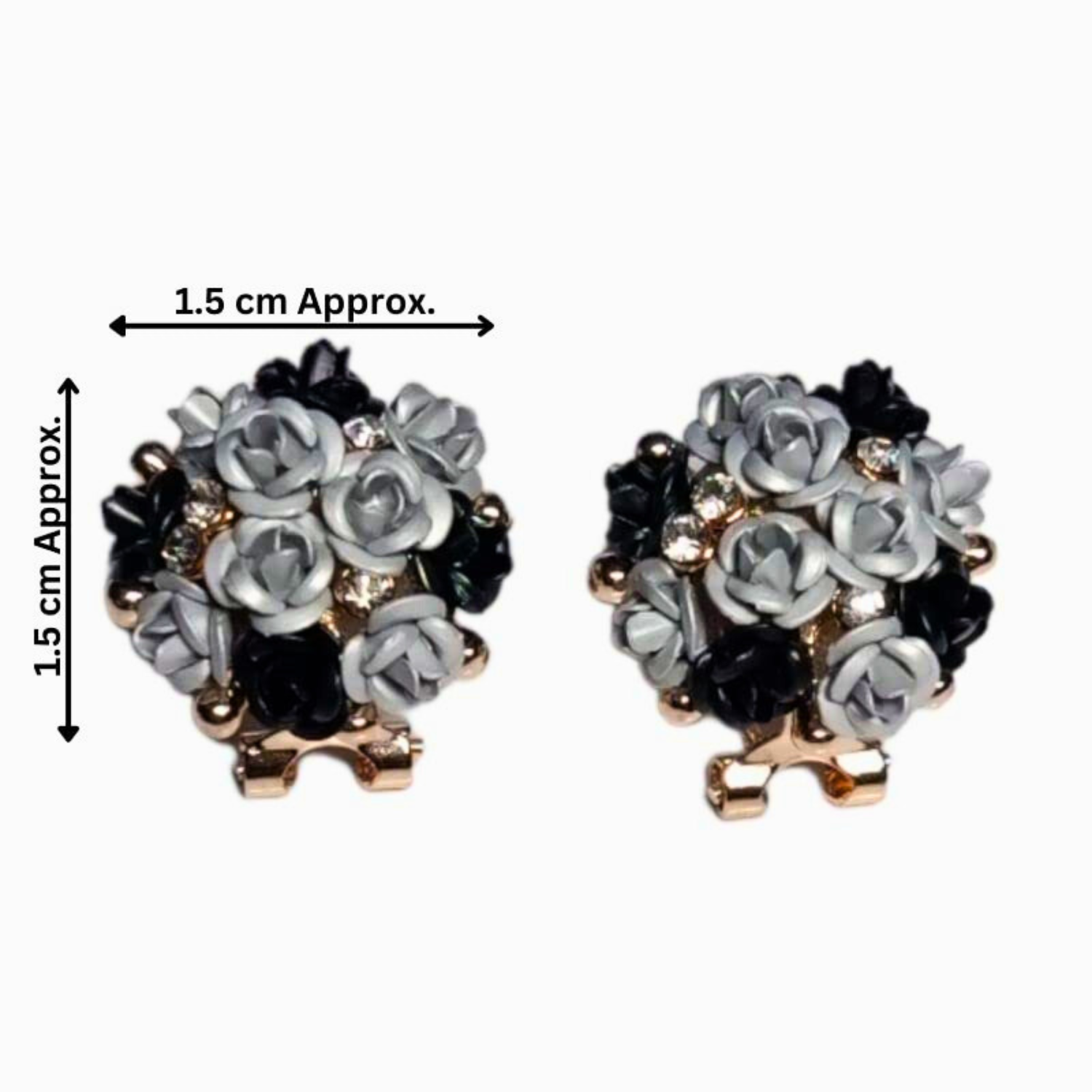 Pair of floral earrings with measurements on a white background