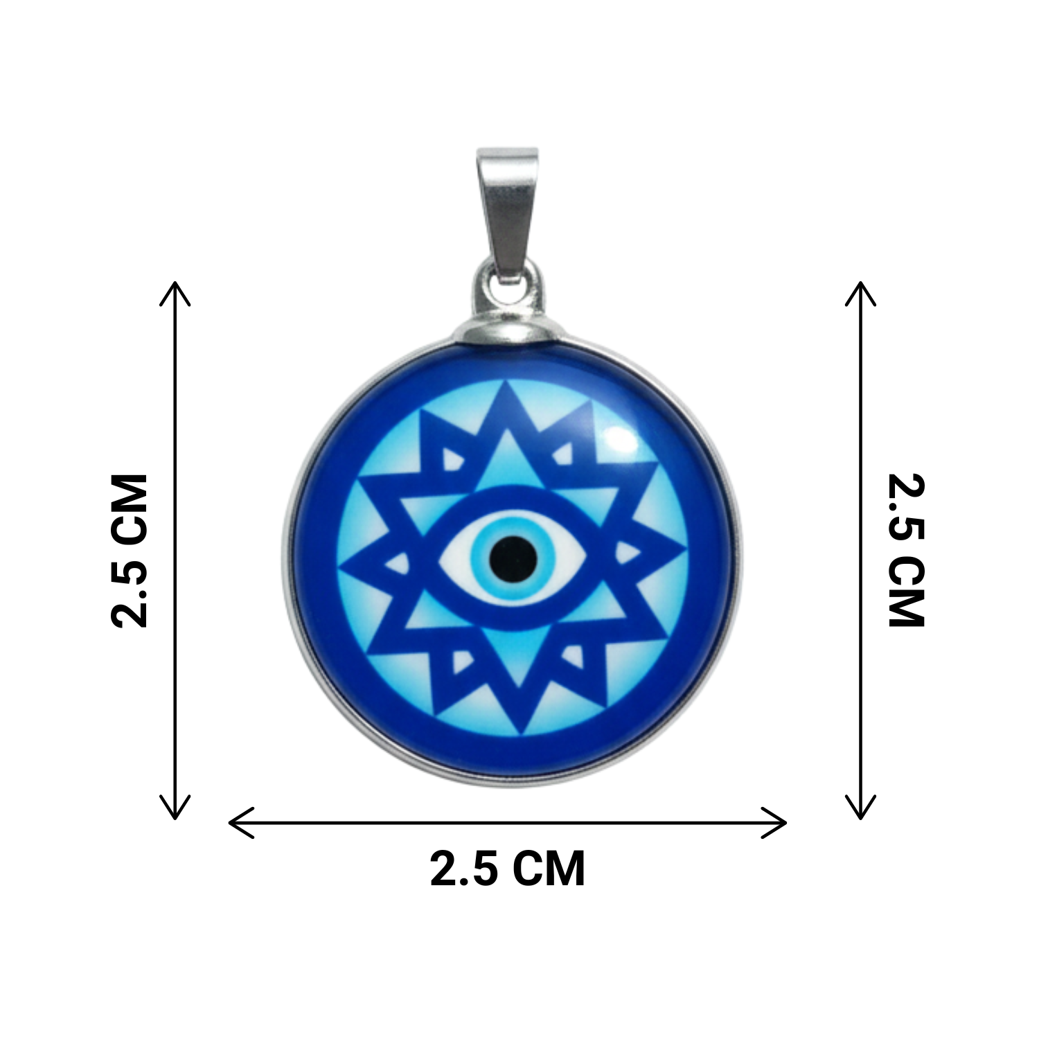 Blue and silver pendant with star design and measurement details on a white background