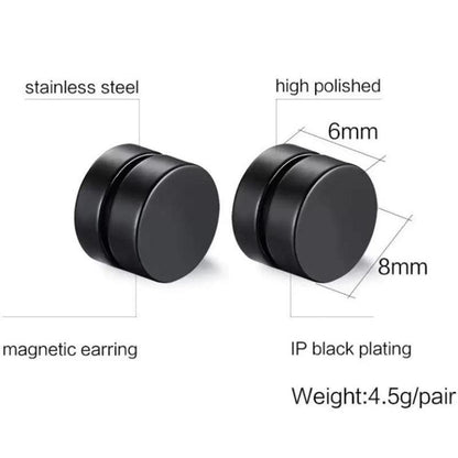 Black magnetic earrings with specifications on a white background