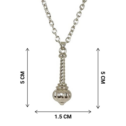Silver necklace with pendant dimensions shown on a white background