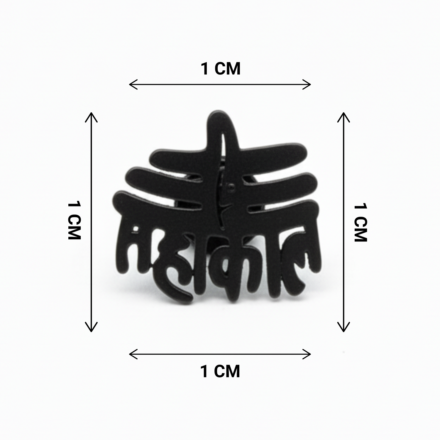 Black hair clip with measurements on a white background