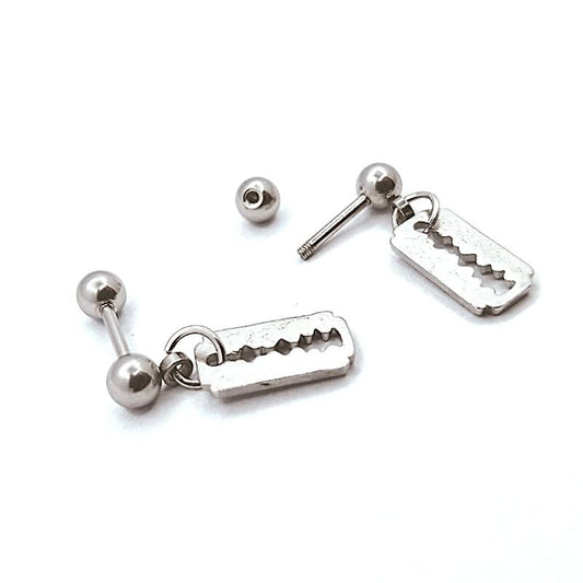 Pair of silver barbell earrings on a white background