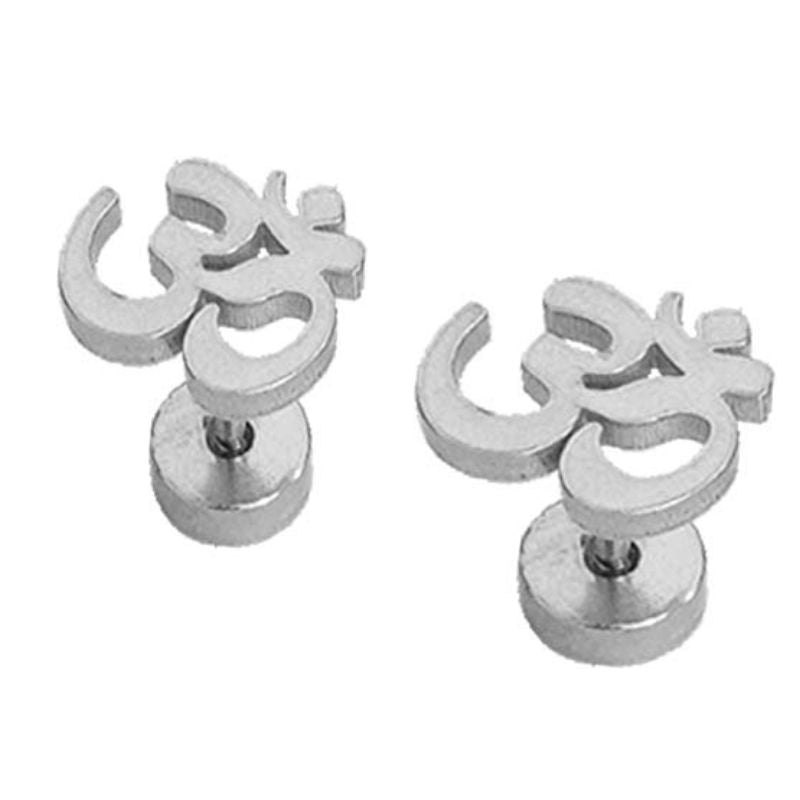 OM Silver Color Screw Back Stud Earrings - Small Size