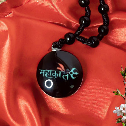 Mahakal Round Glass Pendant Black Beads Thread