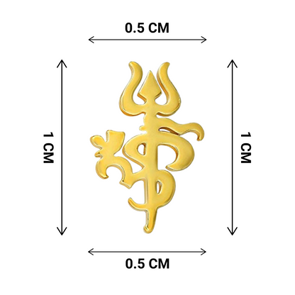 Gold om trishul symbol with measurements on a white background