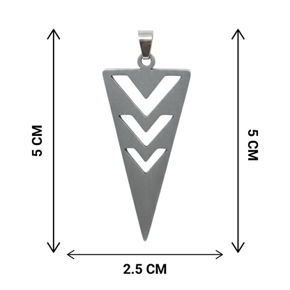 Silver pendant with arrow design and measurements on a white background