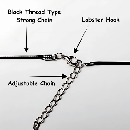 Black thread with adjustable chain, lobster hook, and strong chain on a white background