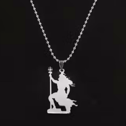 Silver pendant necklace with a shiva design on a black background