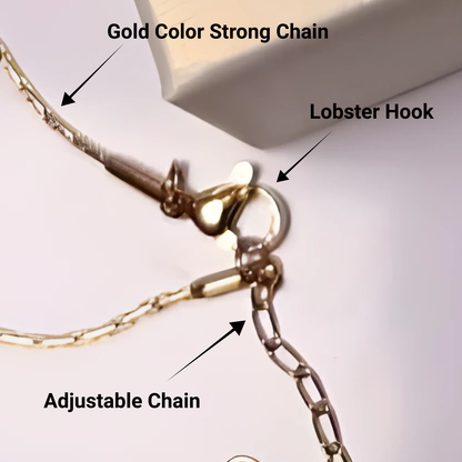Gold color strong chain with lobster hook and adjustable chain on a white background