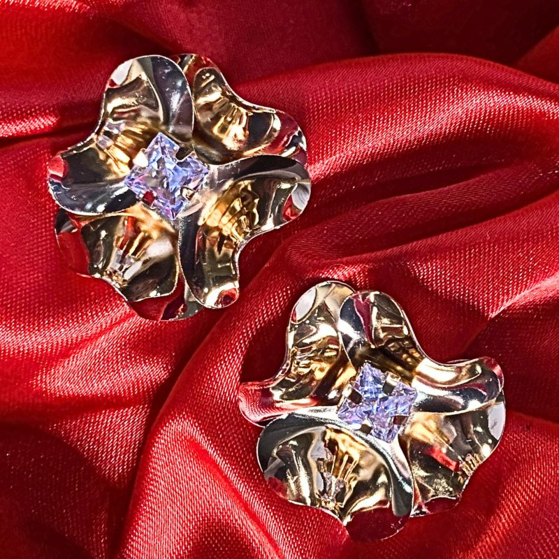 Unique Big Golden Stud Earrings with Diamond Inside