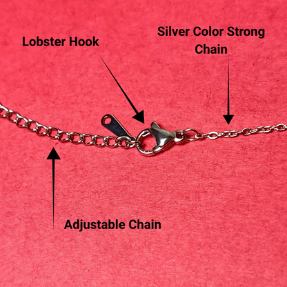 Silver chain necklace with labeled parts on a red background