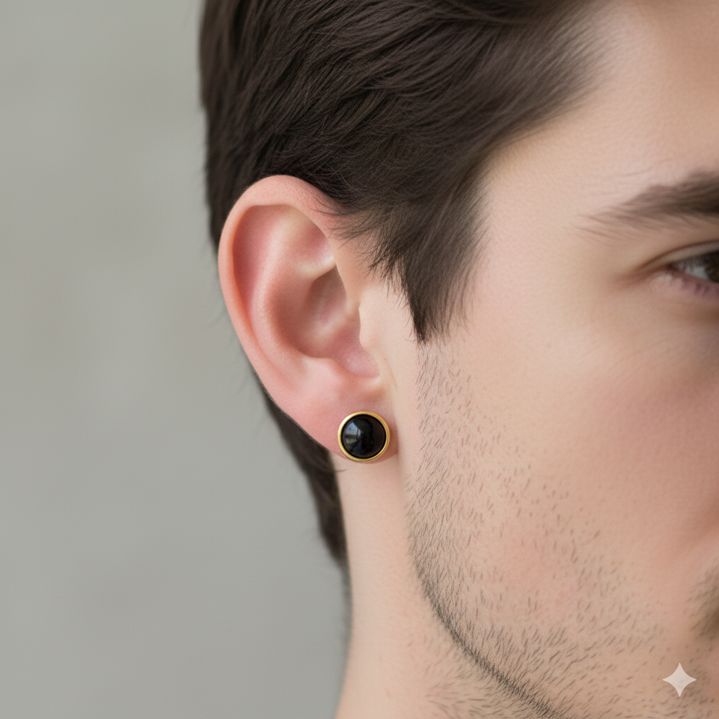 Close-up of a man wearing a black and gold earring on a neutral background
