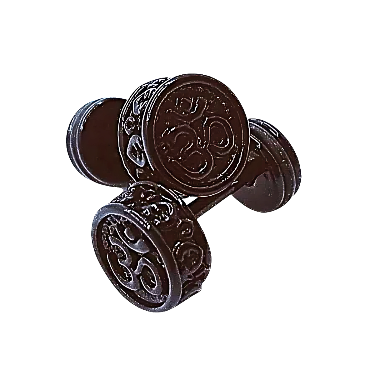 Pair of brown earplugs with intricate designs on a white background