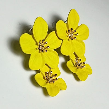 Yellow Flower Design Long Drop Earrings - Ceramic Brass Alloy