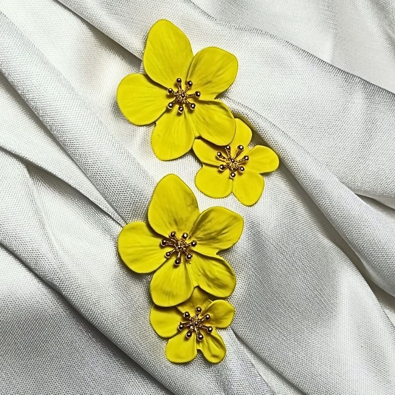 Yellow Flower Design Long Drop Earrings - Ceramic Brass Alloy