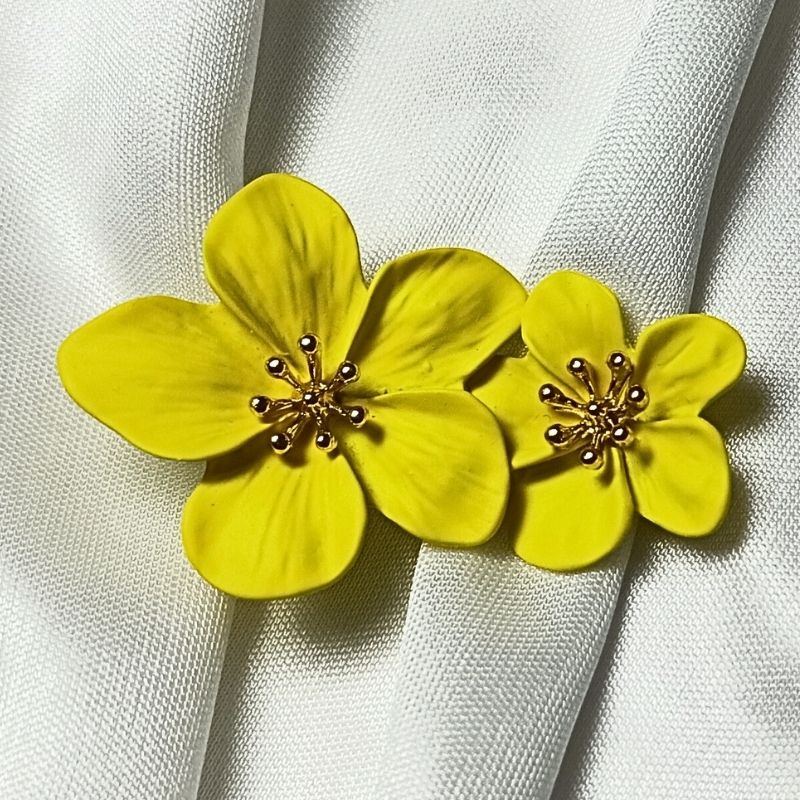 Yellow Flower Design Long Drop Earrings - Ceramic Brass Alloy