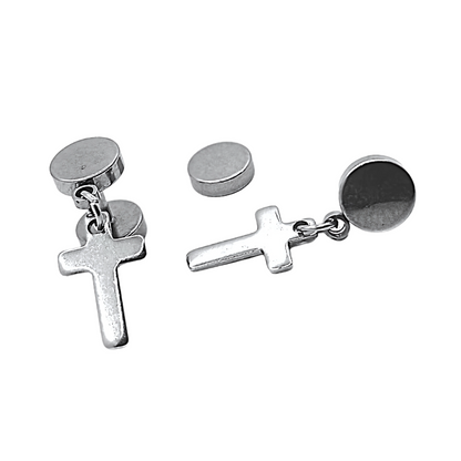 Pair of silver cross earrings on a white background