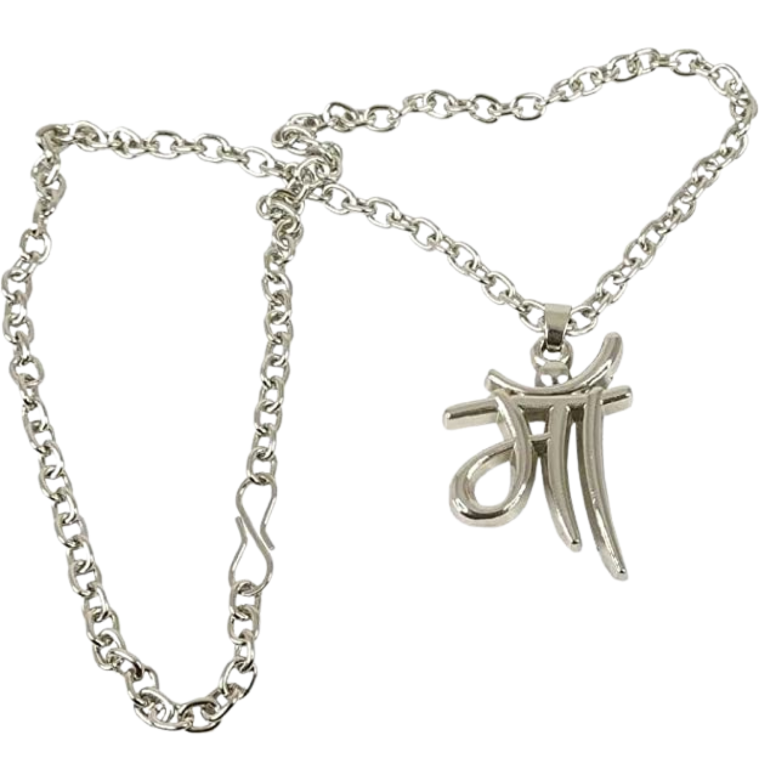 Silver chain necklace with a pendant on a white background