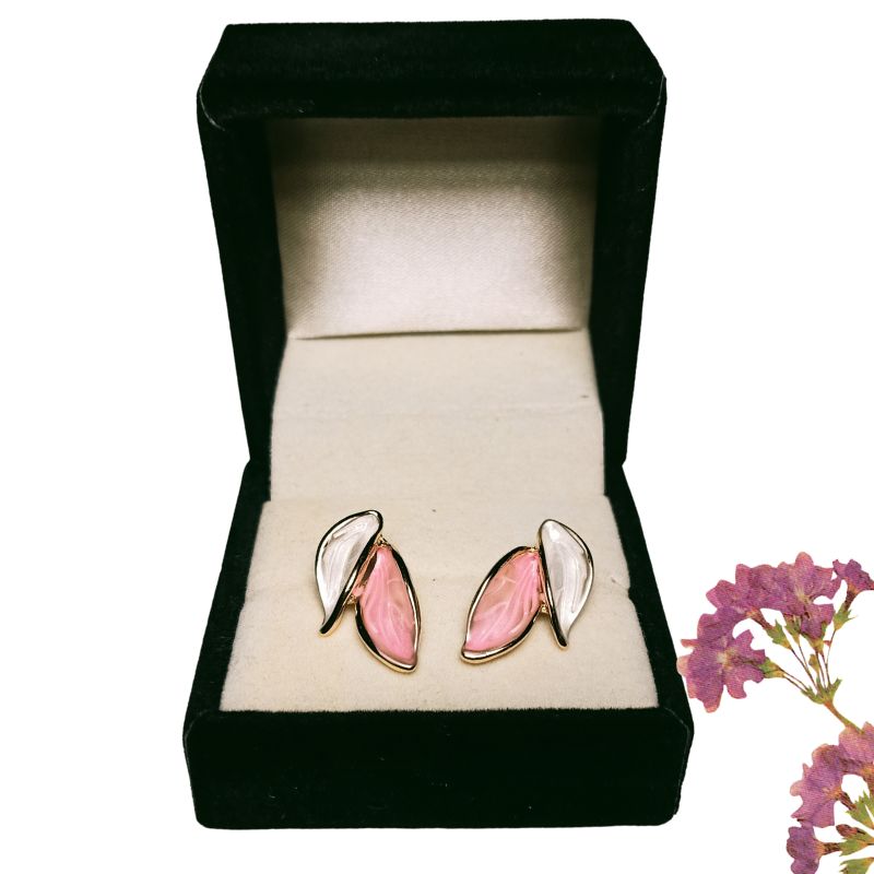 Silver Pink Leaf Stud Earrings