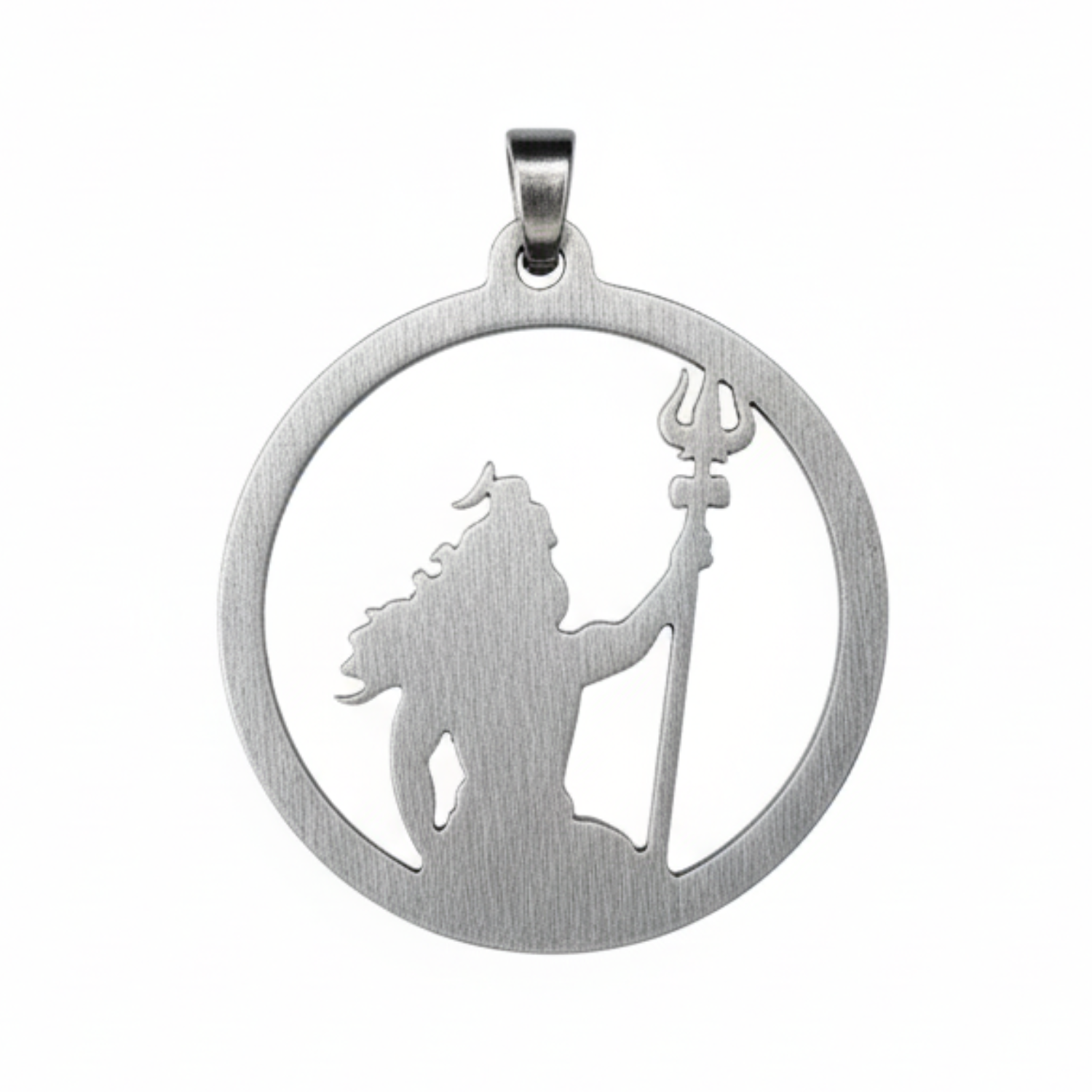 Silver pendant with silhouette of a deity holding a trident on a white background