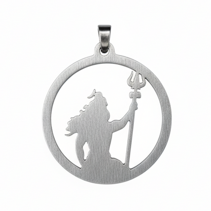 Silver pendant with silhouette of a deity holding a trident on a white background