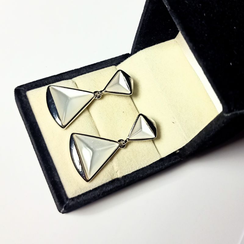 White Stone Double Triangle Silver Drop Earrings